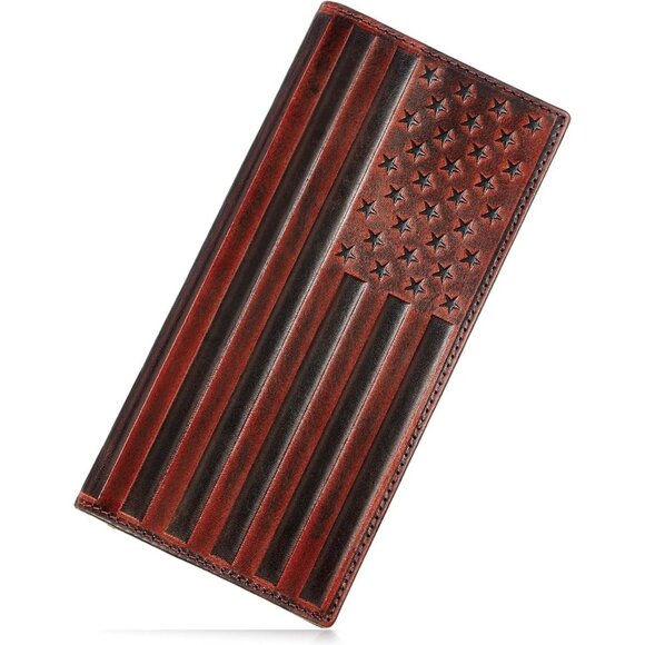 Men’s Rodeo Bifold Wallet Full-Length Leather Cowboy Wallet with USA Flag